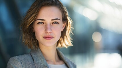 Fototapeta premium young businesswoman studio portrait with blured businessbackground and natural sunlight