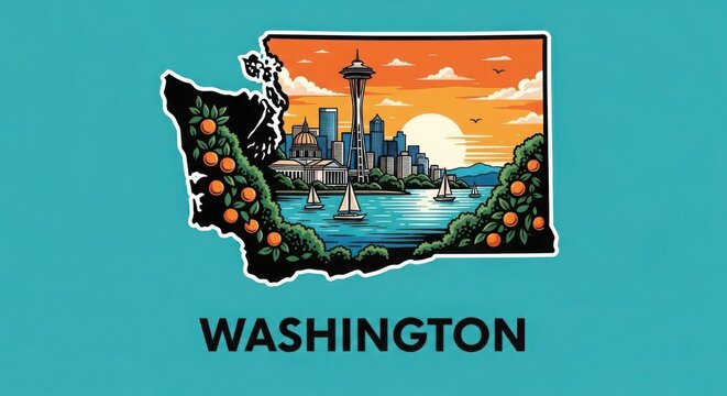 stylized illustration of Seattle cityscape and Washington state map with Space Needle at sunset