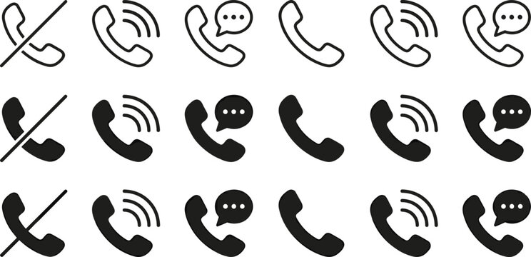 Phone Call Icon Set with Incoming Outgoing Missed Call Symbols and Communication Chat Icons for Apps, UI Design, and Digital Interfaces