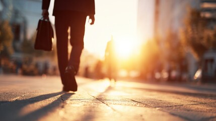 Fototapeta premium businessman walking city street with blured businessbackground and natural sunlight