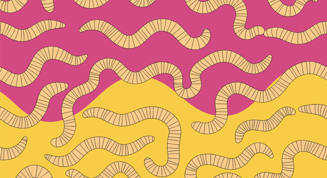 Playful seamless pattern of many tan segmented worms crawling across a vibrant pink and yellow wavy background.