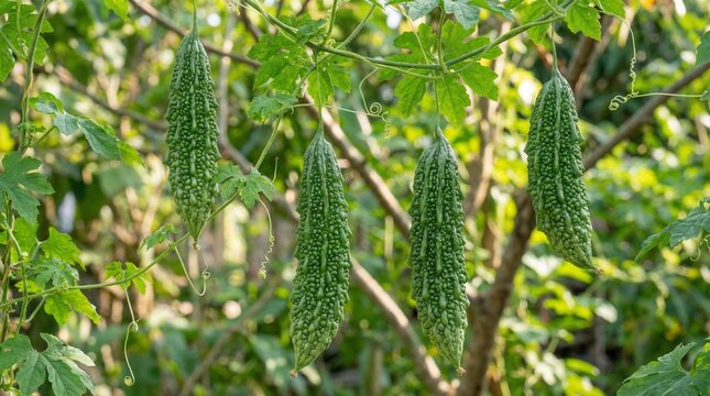 Fresh organic bitter melon growing on the vine in a garden