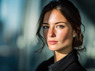 Obraz premium professional woman determined look on a blured office background with natural sunlight