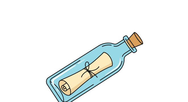 Classic message in a bottle illustration featuring an old paper scroll sealed inside a clear glass jar with a cork stopper.
