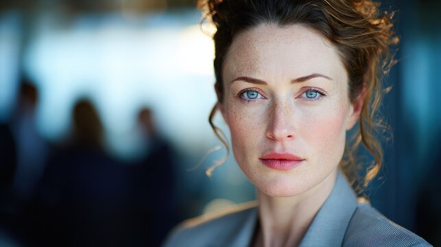 female executive serious focused with blured businessbackground and natural sunlight