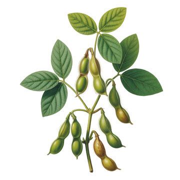 Botanical illustration of a soybean plant with green pods and trifoliate leaves