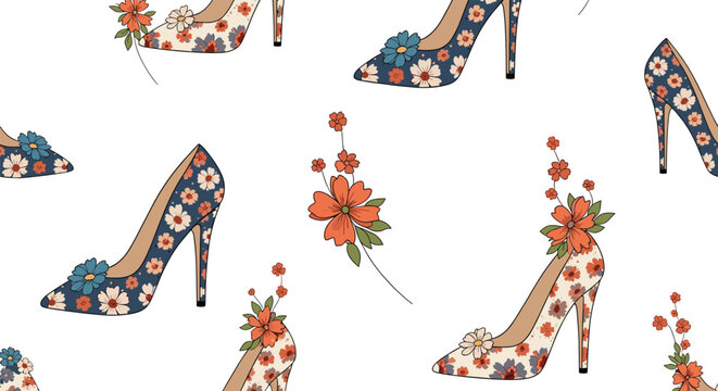 Stunning seamless pattern of floral high heel shoes accompanied by delicate orange flowers on a crisp white background.