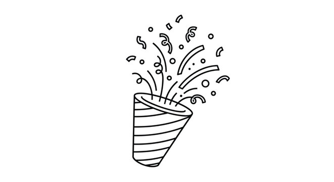 Minimalist black and white line drawing of a party popper exploding with confetti and streamers to celebrate a special occasion.