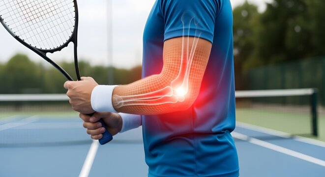 Tennis elbow injury and joint anatomy visualization. Sports rehabilitation and orthopedic health. Man on a tennis court with a translucent x-ray view of the arm bones and joint pain