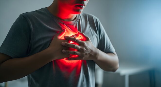 Heartburn and chest pain medical emergency. Cardiac arrest and cardiovascular health. Man clutching his chest with a glowing red light indicating heart problems or acid reflux