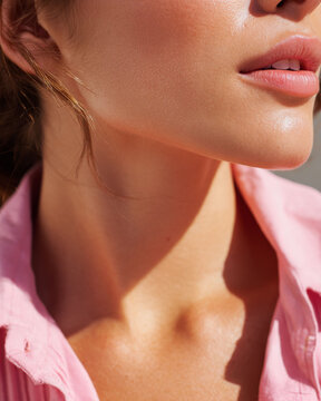 Glowing skin close up on neck and jawline with natural light highlighting smooth texture and soft lips in pink shirt