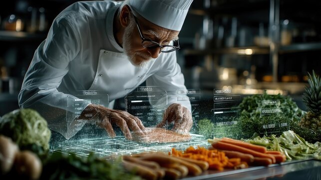 Chef cooking in kitchen, holographic nutritional info labels floating near ingredients, food science concept 