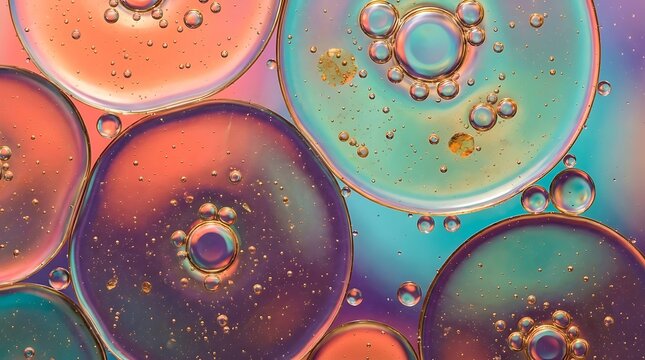 Abstract colorful macro of oil and water creating iridescent circles with shades of orange, teal, purple, and pink blend together
