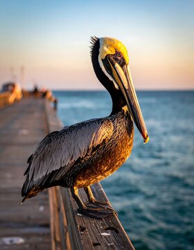 Pelican standing on pier by ocean.