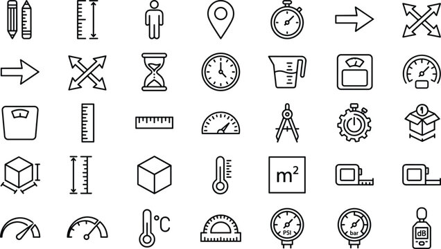 Measurement and Tools Icon Set with Ruler Scale Timer Thermometer Speedometer Engineering Units and Precision Instruments for Technical Design and UI