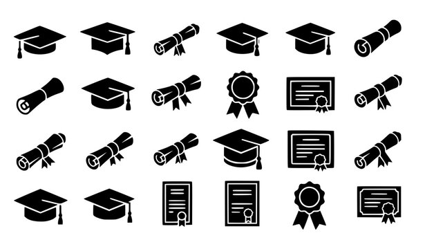 Graduation cap and diploma flat icon set with academic symbols black education vector collection
