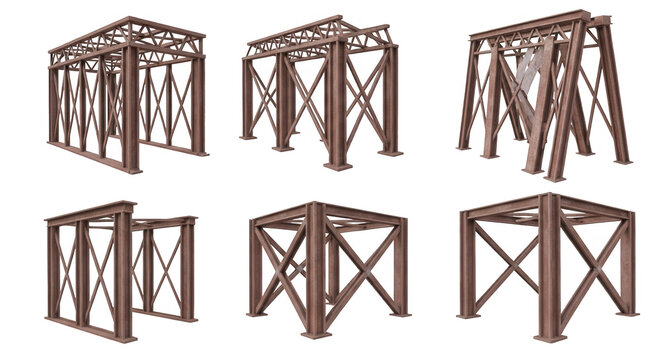 steel construction frames displayed on white background different views architectural structural engineering or industrial design illustration