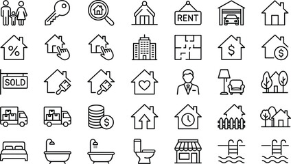 Fototapeta premium Real Estate and Property Icon Set with House Rent Sale Mortgage Home Interior Moving and Residential Symbols for Apps and Website UI Design