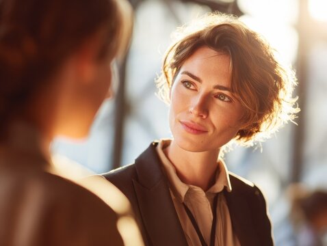 business woman coaching colleague on a blured office background with natural sunlight