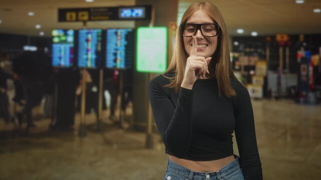 Redhead woman wearing glasses presses index finger to lips for silence in a busy airport terminal check in area; playful secrecy.