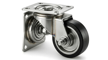 Obraz premium Heavy-Duty Stainless Steel Swivel Caster Wheel in Three-Quarter View Isolated on White Background
