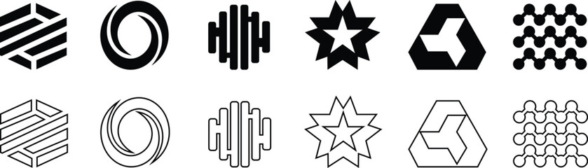 This abstract geometric icon set features diverse of modern designed with clean lines, balanced shapes, and creative sigs. This includes a, squares, hexagons, grids, waves, spirals, and layered patter