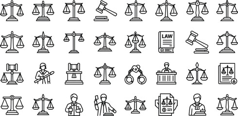 Fototapeta premium Law & Justice Icon Set legal,court, gavel, scales, balance, judge, lawyer, attorney, courthouse, handcuffs, prisoner, police, 