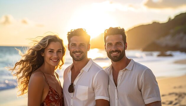 Three smiling people pose on a sun-kissed beach. Warm sunlight highlights their faces and the ocean. They are wearing casual attire