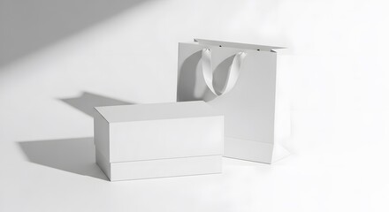 Obraz premium A minimalist white paper bag and box on a clean surface