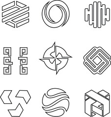 This abstract geometric icon set features diverse of modern designed with clean lines, balanced shapes, and creative sigs. This includes a, squares, hexagons, grids, waves, spirals, and layered patter