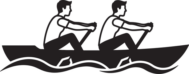 Black and white silhouette of two men rowing a boat on water also transparent background © mHs