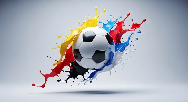 soccer ball exploding with vibrant paint splatter in dynamic motion