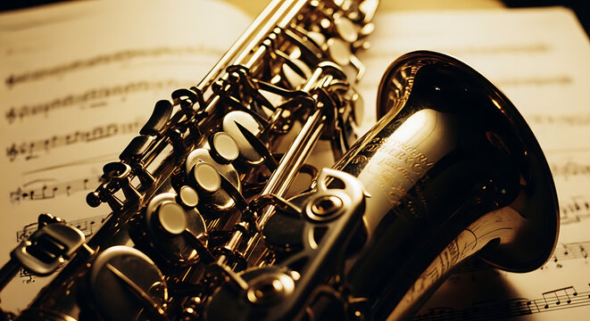 Closeup of a golden saxophone resting on sheet music