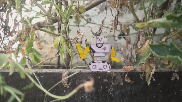 robot animado mueve brazos en escenario natural