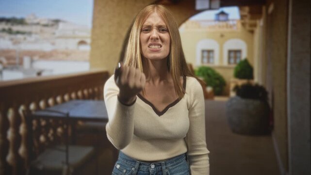 Woman clenching fist and snarling on building balcony, raised wrist visible in confrontational gesture; anger defiance.