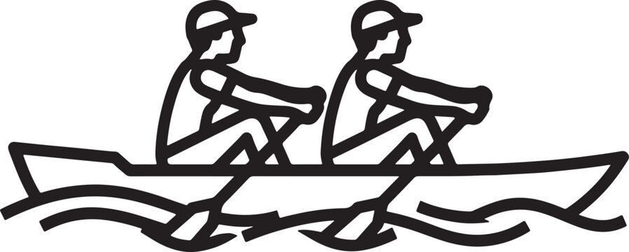 Two people rowing a boat in a minimalist black and white line also transparent background