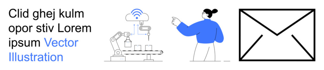Obraz premium Industrial automation, technology, communication, digital workflow, innovation, and smart systems. A robotic arm next to a woman pointing at wireless tech and an email icon. Automation