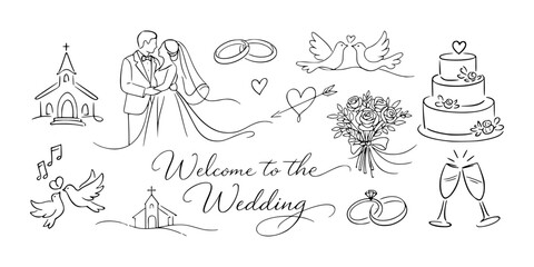 Obraz premium Hand-drawn wedding-themed line art showing couple, rings, cake, doves, bouquet, and church on white background, symbolizing love and marriage
