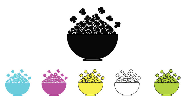 A collection of colorful bowls filled with fluffy popcorn