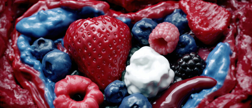 High-angle view glossy abstract berries with fluid shapes pattern