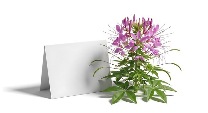 A blank white greeting card standing next to a beautiful blooming cleome flower isolated on white background