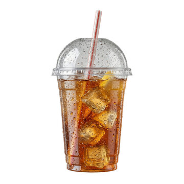 Refreshing cold iced drink in a clear plastic disposable takeaway cup with a dome lid and a striped straw, packed with refreshing ice cubes, perfectly isolated on a pristine white background