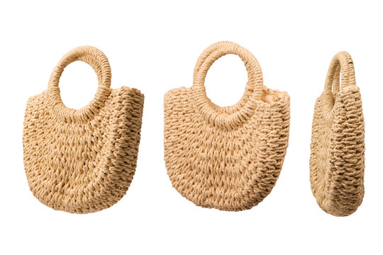 A beige straw bag isolated on a white background.