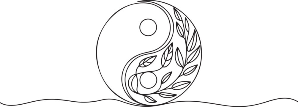 Yin Yang symbol with swirling leaves and vines taijitu. one line art icon drawing vector