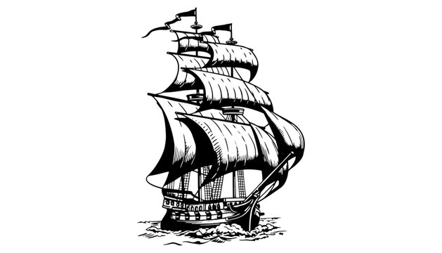A ship sailing icon illustration in a black and white vector style