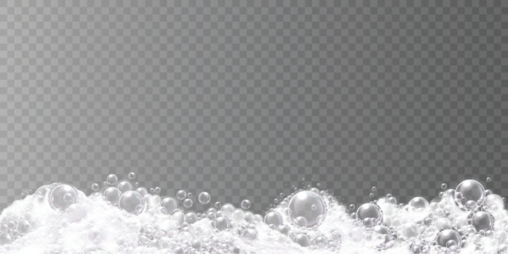 Realistic transparent soap bubbles and foam border isolated. Vector illustration