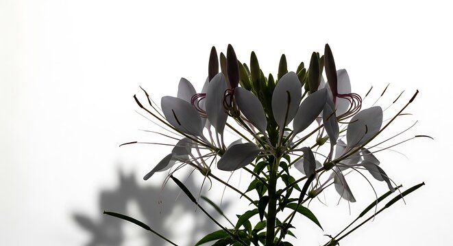 Closeup of a delicate cleome flower, also known as a spider flower, captured in a highkey silhouette style isolated on white background