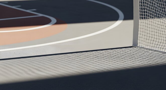 Close up on a sunlit outdoor basketball court with shadows cast by a net highlighting court lines