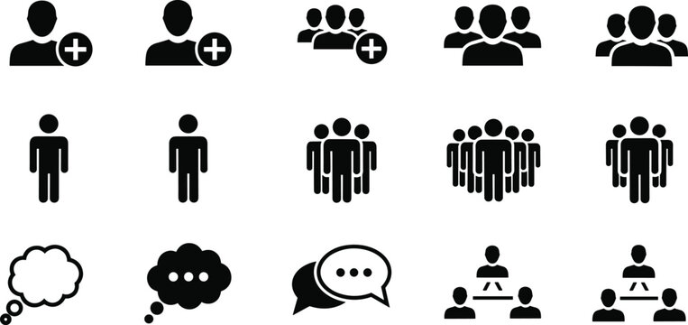 People and communication vector icons collection featuring teamwork, meetings, speech bubbles, collaboration, adding person, groups, social interaction concepts
