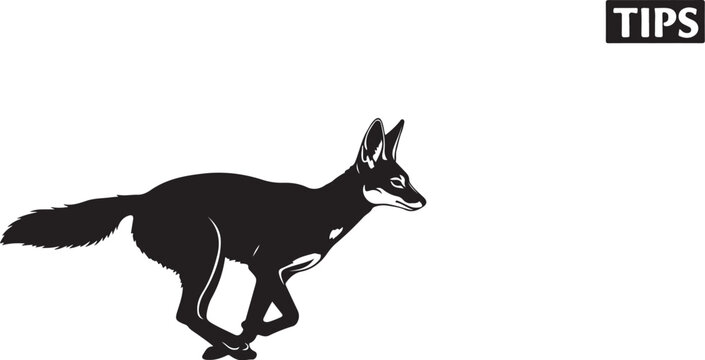Black silhouette of a running fox with white accents on a white background